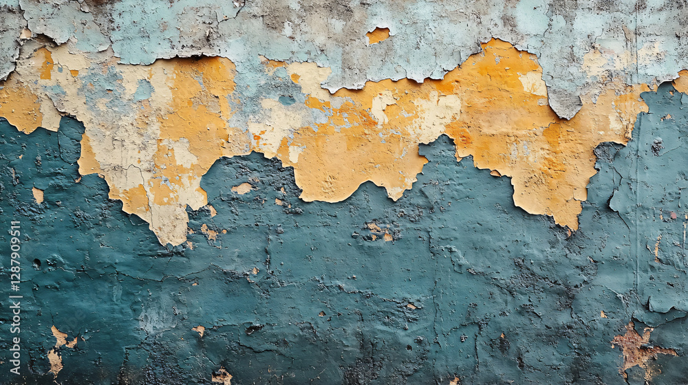 Fototapeta premium Textured Wall: An eye-level shot captures a weathered wall. The surface reveals layers of peeling paint, revealing textures. This abstract image of a wall is an interesting backdrop.