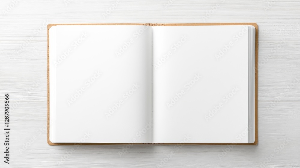 Open blank notebook on white wooden desk, ready for writing, drawing, sketching, or journaling. Minimalist workspace. Open blank notebook on white wooden desk, ready for writing, drawing, sketching, or journaling. Minimalist workspace.