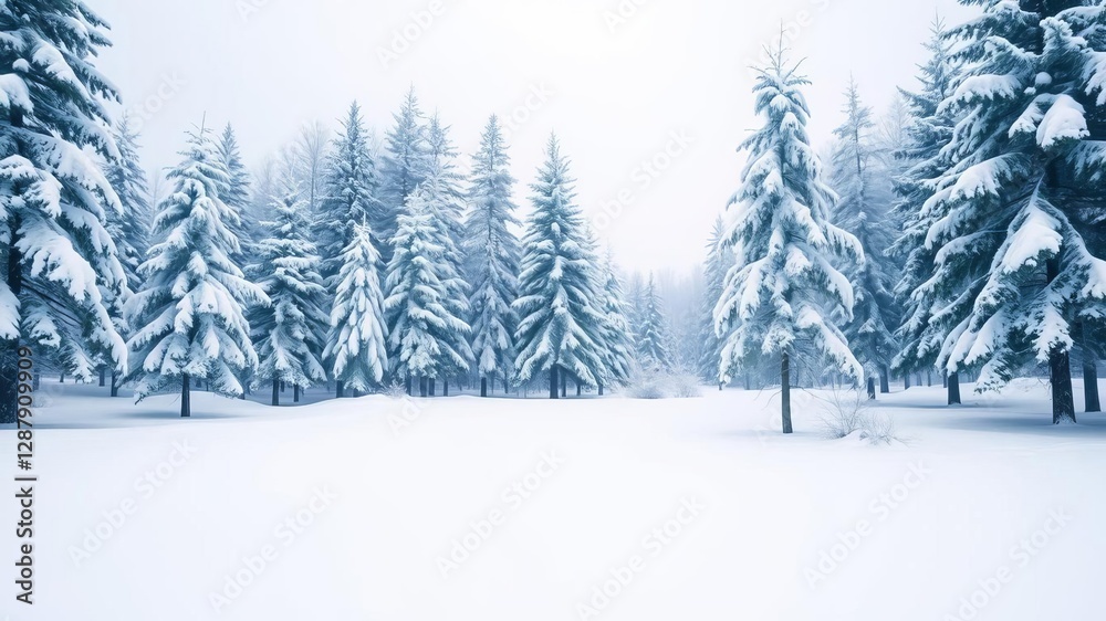 Naklejka premium Snow covered pine trees in a winter wonderland, with a serene and peaceful scene, snowy, quiet, white
