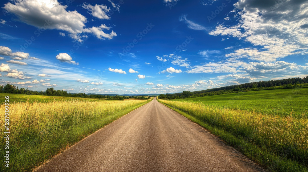 Wide road into distance, flanked by green fields and blue sky. High-definition, horizontal composition. Serene beauty. Wide road into distance, flanked by green fields and blue sky. High-definition, horizontal composition. Serene beauty.