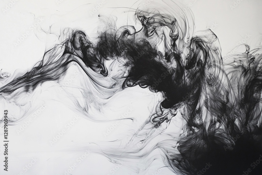 Fototapeta premium Elegant black smoke swirls create dynamic abstract patterns on a white background