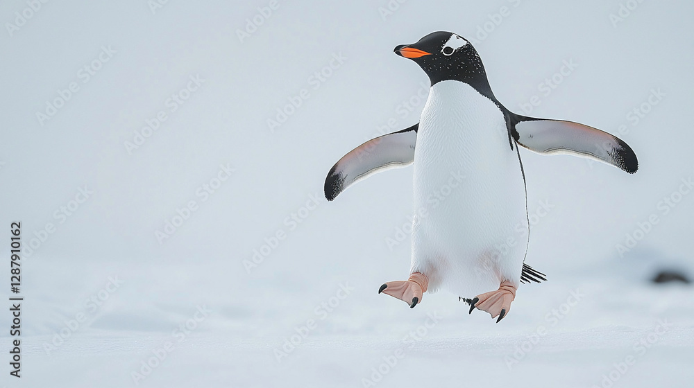 Obraz premium Penguin jumps playfully in a snowy landscape, capturing the spirit of winter wildlife