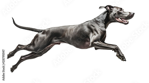 Great Dane leaps gracefully in side view, showcasing agility and athleticism