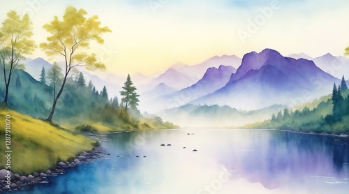 The quiet tranquil river in the mountain valley in the morning, reflections of trees and mountains in the river water