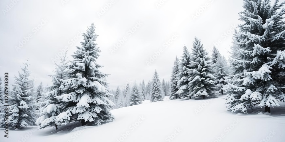 Naklejka premium Snow-covered spruce tree forest in winter Christmas time, almost duotone with frosty trees and white snow, contrast, panorama, duotone