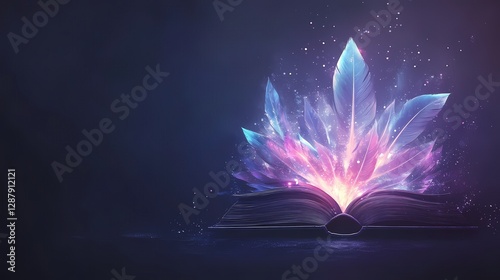 A mystical open book with glowing feathers emanating from its pages. A surreal image with vibrant purple and blue hues.