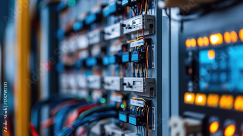 Close-up of an electrical control panel with circuit breakers and intricate wiring. A digital interface displays system status