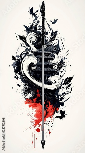 Japanese Pagoda and Katana Sword Tattoo Design Abstract Ink Splatter Art