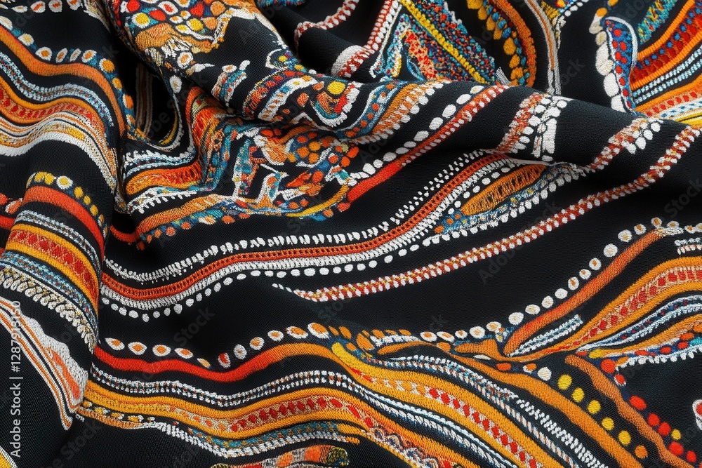 Colorful Paisley Patterned Fabric with Wave Pattern Design. Intricate Patterns, Colorful Print Colorful Paisley Patterned Fabric with Wave Pattern Design. Intricate Patterns, Colorful Print