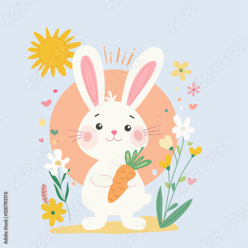 Cute bunny holding a carrot in a natural, floral setting with a warm sun.