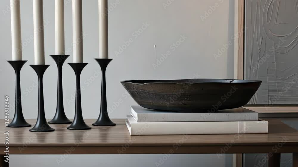 A beautifully arranged table displays black candle holders with white candles and a textured ceramic bowl, creating a serene atmosphere