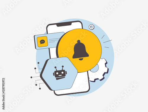 AI-powered mobile notifications - personalized messages that use machine learning to improve user engagement. Ai custom push notification flat design vector illustration with icons