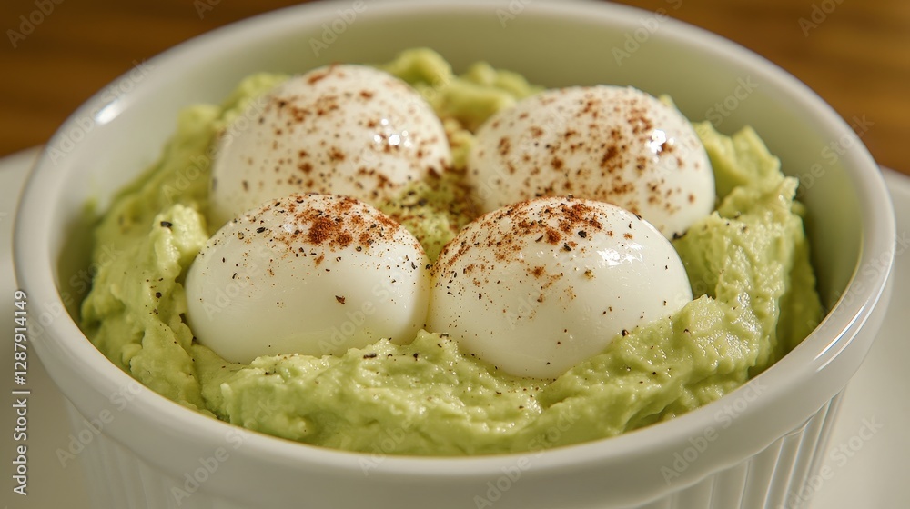 Creamy Avocado Spread with Poached Eggs and Spices in Bowl Creamy Avocado Spread with Poached Eggs and Spices in Bowl