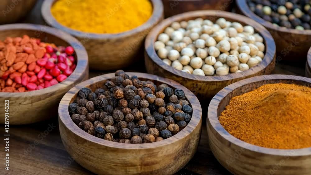 Vibrant assortment of spices in wooden bowls displayed on a rustic table