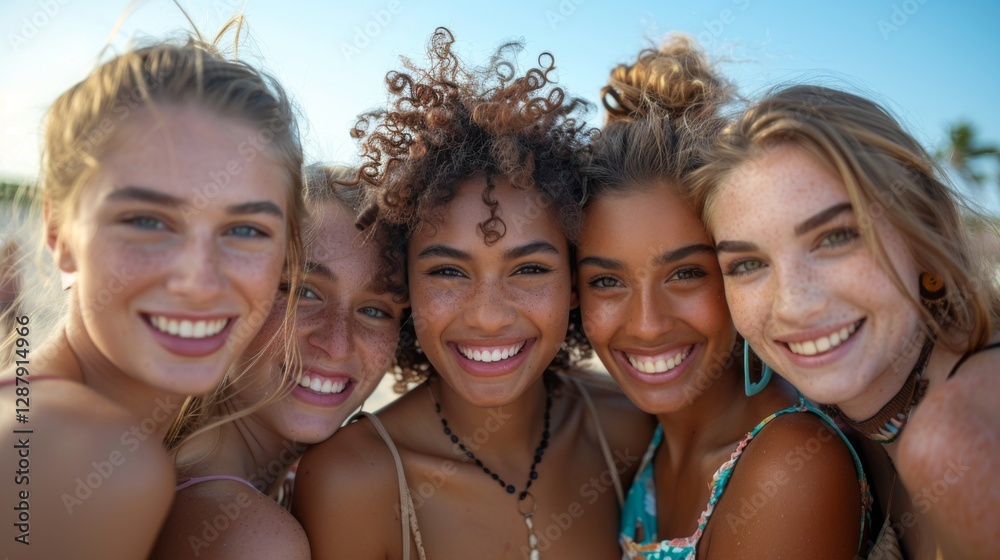 Fototapeta premium Friendship Day, a worldwide celebration of human connection. diverse young women, are smiling while standing close together on the beach under clear blue skies.