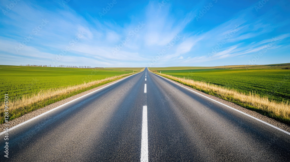 Wide road into distance, flanked by green fields and blue sky. High-definition, horizontal composition. Serene beauty. Wide road into distance, flanked by green fields and blue sky. High-definition, horizontal composition. Serene beauty.
