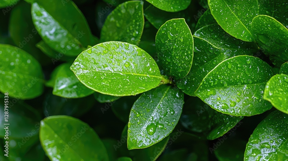 Fototapeta premium Dewdrops on lush green leaves, close-up. Nature background, website design