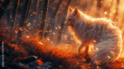 Mythical creatures. A mischievous kitsune with nine tails, playfully leaping through a moonlit bamboo forest  