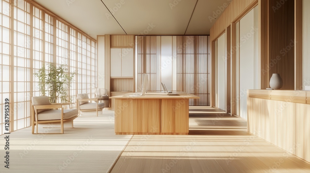 Fototapeta premium Modern Minimalist Kitchen Design with Natural Light and Wood Accents
