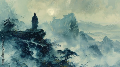 Mythical creatures. Japan myth. Tsukuyomi-no Mikoto, a figure of enigmatic allure, stands atop a celestial peak, his gaze sweeping across the slumbering world below. moon god in Japanese mythology