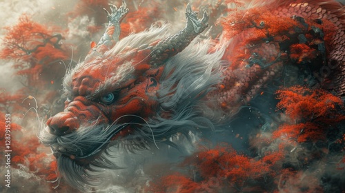 Majestic dragon from Japanese mythology, symbolizing power, wisdom, and protection. dynamic movement, and aura of mysticism, embodying traditional Japanese folklore.