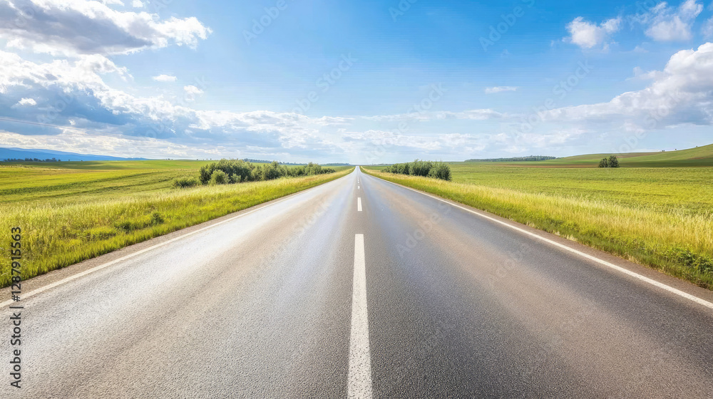 Wide road into distance, flanked by green fields and blue sky. High-definition, horizontal composition. Serene beauty. Wide road into distance, flanked by green fields and blue sky. High-definition, horizontal composition. Serene beauty.