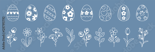 Hand-Drawn Easter Eggs and Spring Flowers in Minimalist Line Art Style on Blue Background. Editable Stroke. Perfect for Easter, Spring Celebrations, Greeting Cards, and DIY Projects