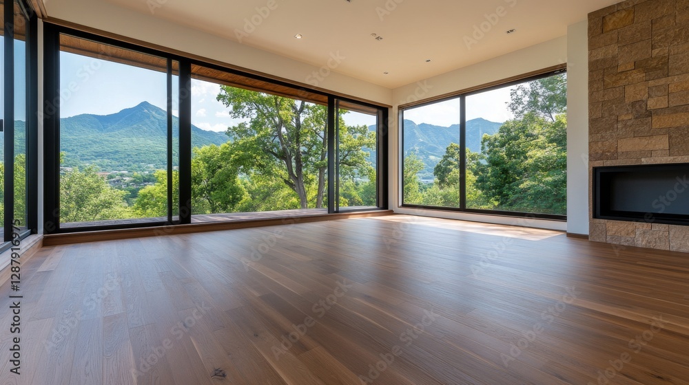 Fototapeta premium Spacious modern home interior with mountain view