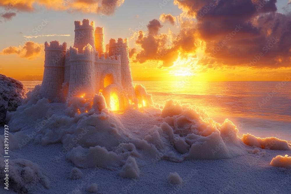 Fototapeta premium Sandcastle masterpiece glows at sunset on a beach with crashing waves