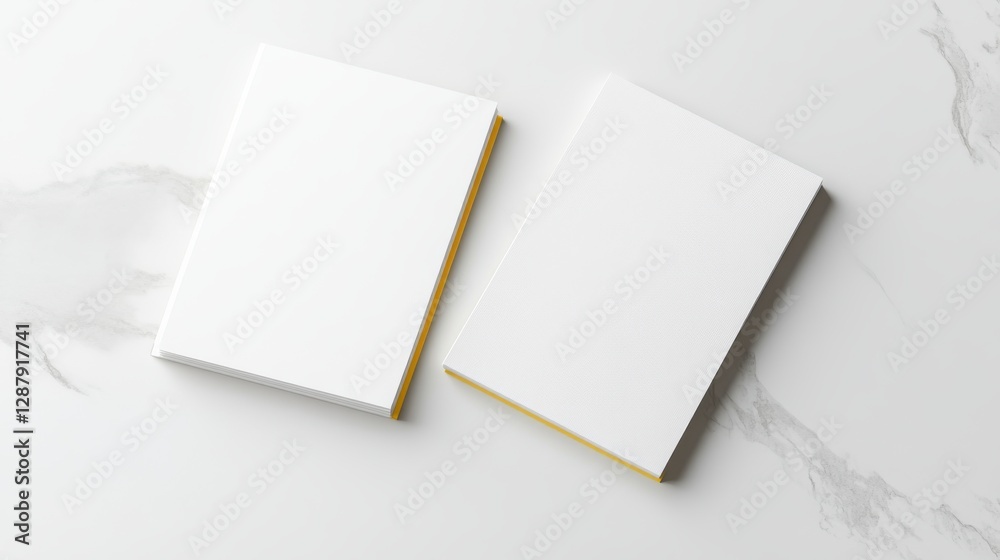 Two blank white booklets lay on a marble surface offering a minimalistic and clean design template for branding or presentation. Two blank white booklets lay on a marble surface offering a minimalistic and clean design template for branding or presentation.