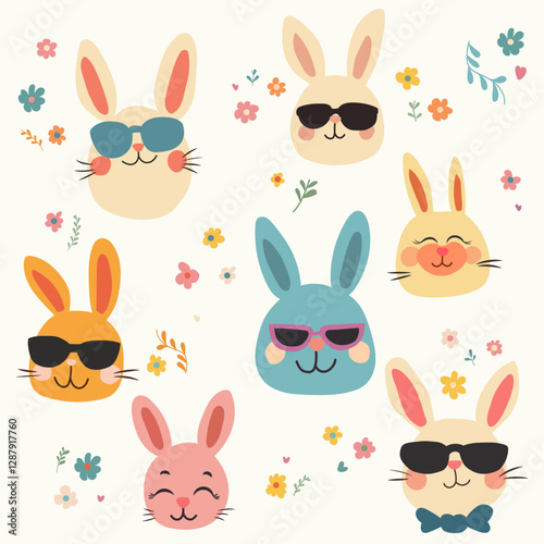 Seamless pattern of bunny faces wearing sunglasses, surrounded by flowers and leaves in a playful, pastel color scheme.
