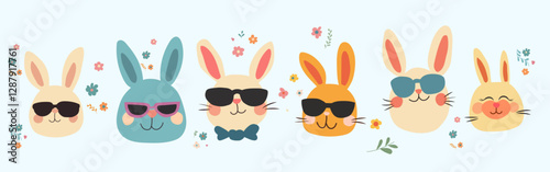 Horizontal banner featuring cute bunnies wearing sunglasses, decorated with floral elements.