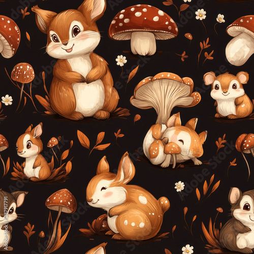 Woodland creatures among mushrooms, leaves, flowers in a repeating pattern on a dark background