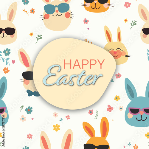 Seamless Easter-themed pattern with cute bunnies wearing sunglasses and a 