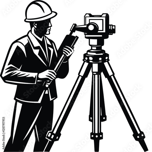 A civil engineer is setting up a theodolite surveying tool, carefully adjusting the instrument 