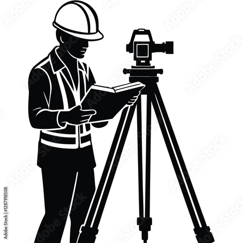 A civil engineer is setting up a theodolite surveying tool, carefully adjusting the instrument 