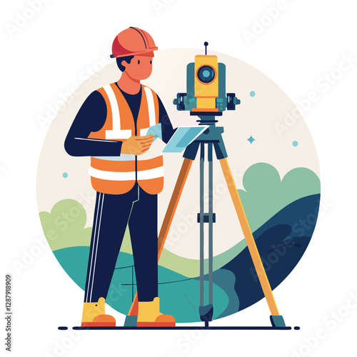 A civil engineer is setting up a theodolite surveying tool, carefully adjusting the instrument 