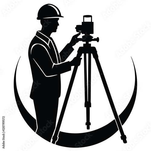 A civil engineer is setting up a theodolite surveying tool, carefully adjusting the instrument 
