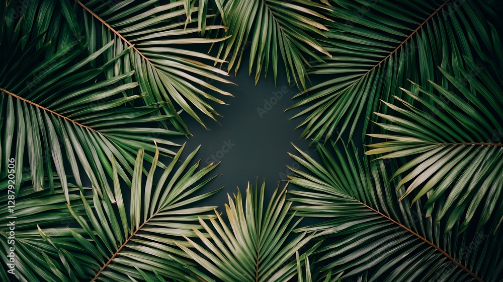 Green Palm Leaves Frame on Dark Background Green Palm Leaves Frame on Dark Background
