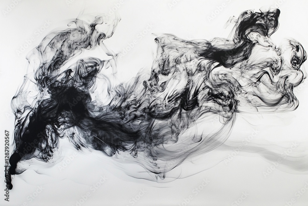 Elegant black smoke swirls create dynamic abstract patterns on a white background