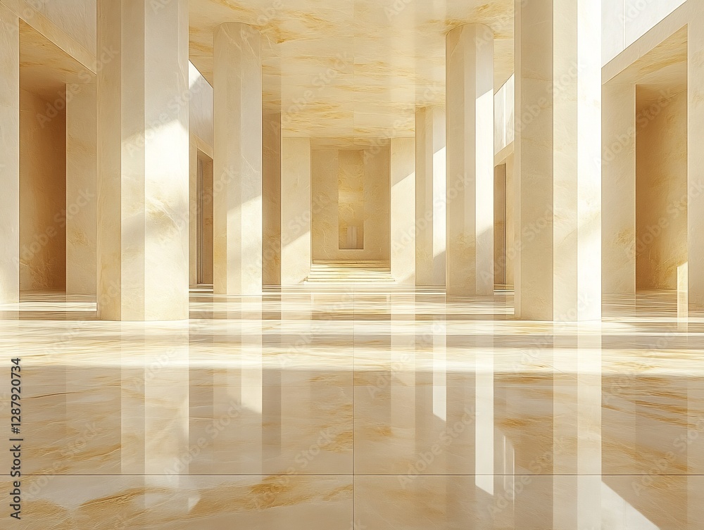 Fototapeta premium Serene sunlit hall features warm golden tones reflecting on polished marble floor. AI Generated
