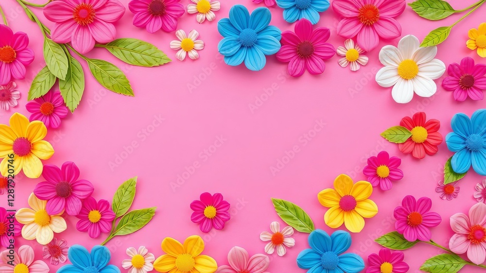 Fototapeta premium Vibrant paper flowers and leaves on a pink backdrop, pattern, paper, pink