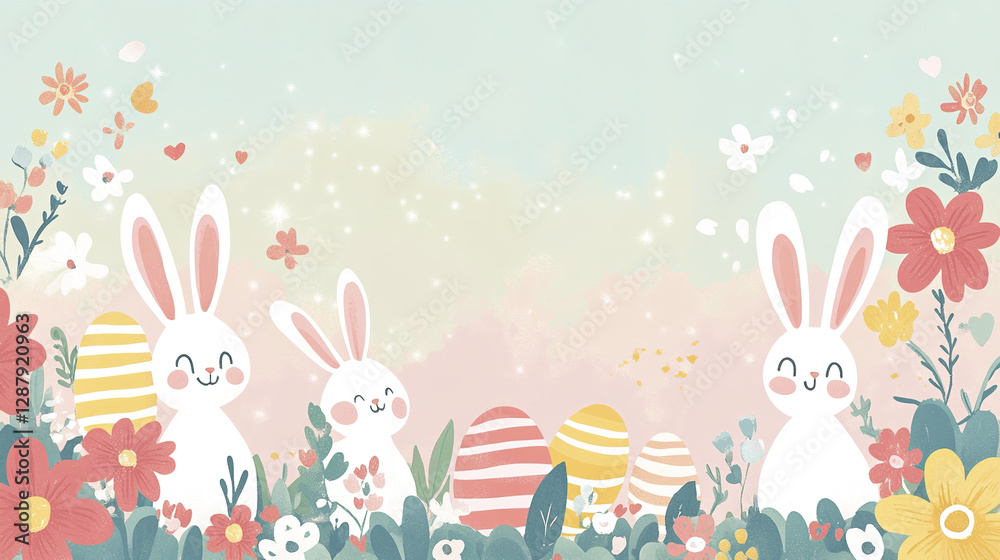 Obraz premium Whimsical Easter scene with bunnies and colorful eggs in floral setting