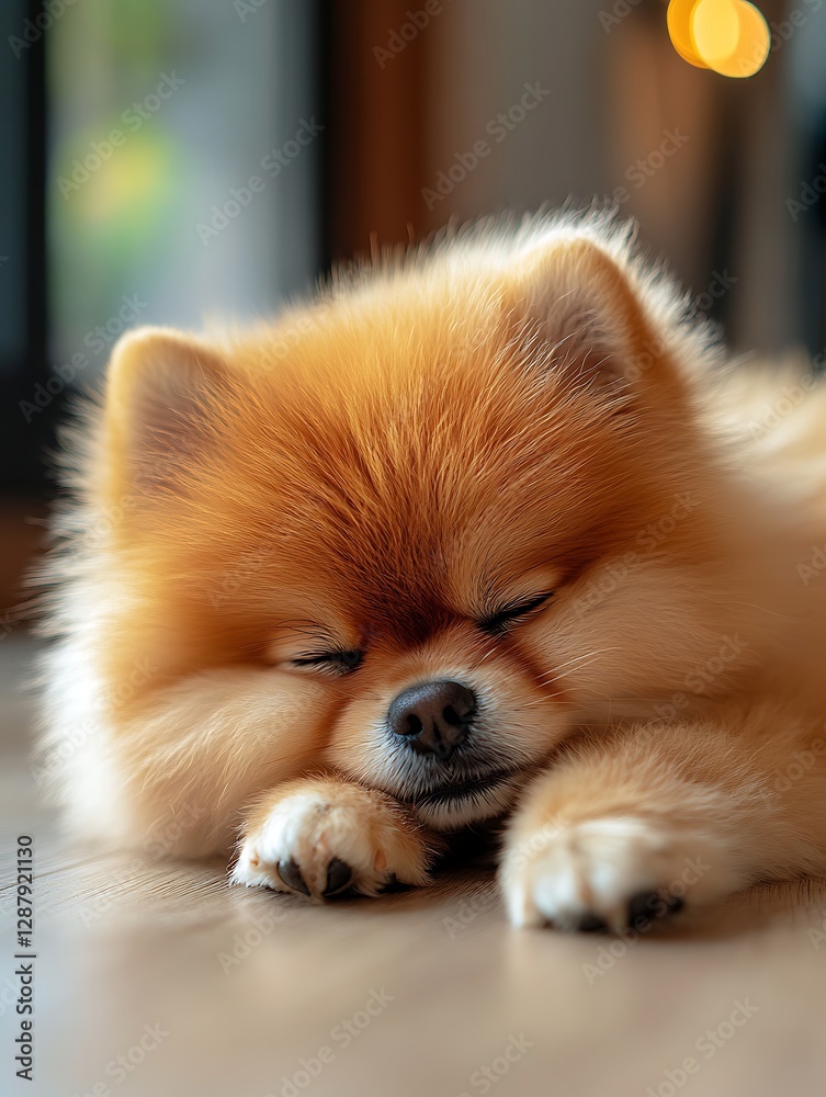 Obraz premium Sleepy Pomeranian resting indoors