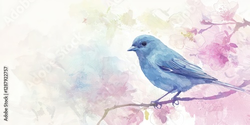 Soft watercolor bluebird, delicate strokes and pastel hues.