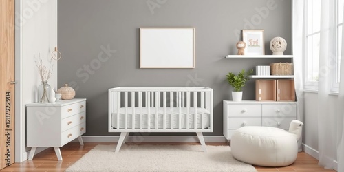 White crib with minimalist design in a modern children room with soft neutral colors and sleek furniture, white crib, modern, decoration