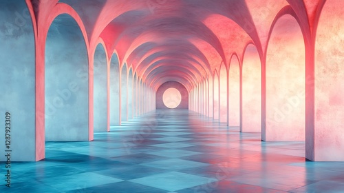 Dreamlike pink and blue hallway glows softly with ethereal light creating a serene atmosphere. AI Generated