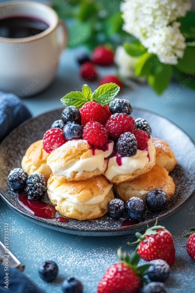 Cozy caf? ambiance featuring a delightful plate of custard cookie cream puffs ready to be enjoyed. Cozy caf? ambiance featuring a delightful plate of custard cookie cream puffs ready to be enjoyed.