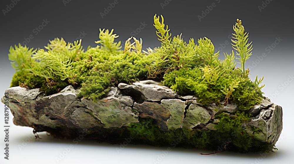 Vibrant Green Moss and Lichen Growing on a Textured Gray Rock Isolated on White Vibrant Green Moss and Lichen Growing on a Textured Gray Rock Isolated on White