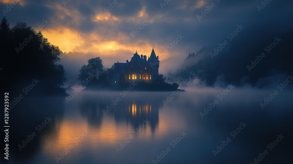 An ancient castle on the shore of a lake shrouded in thick fog at sunrise An ancient castle on the shore of a lake shrouded in thick fog at sunrise